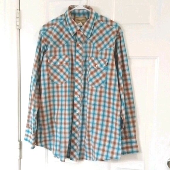 Wrangler Western Shirt Men’s Large Plaid Pearl Snap Long Sleeve Blue And Brown - Picture 1 of 6